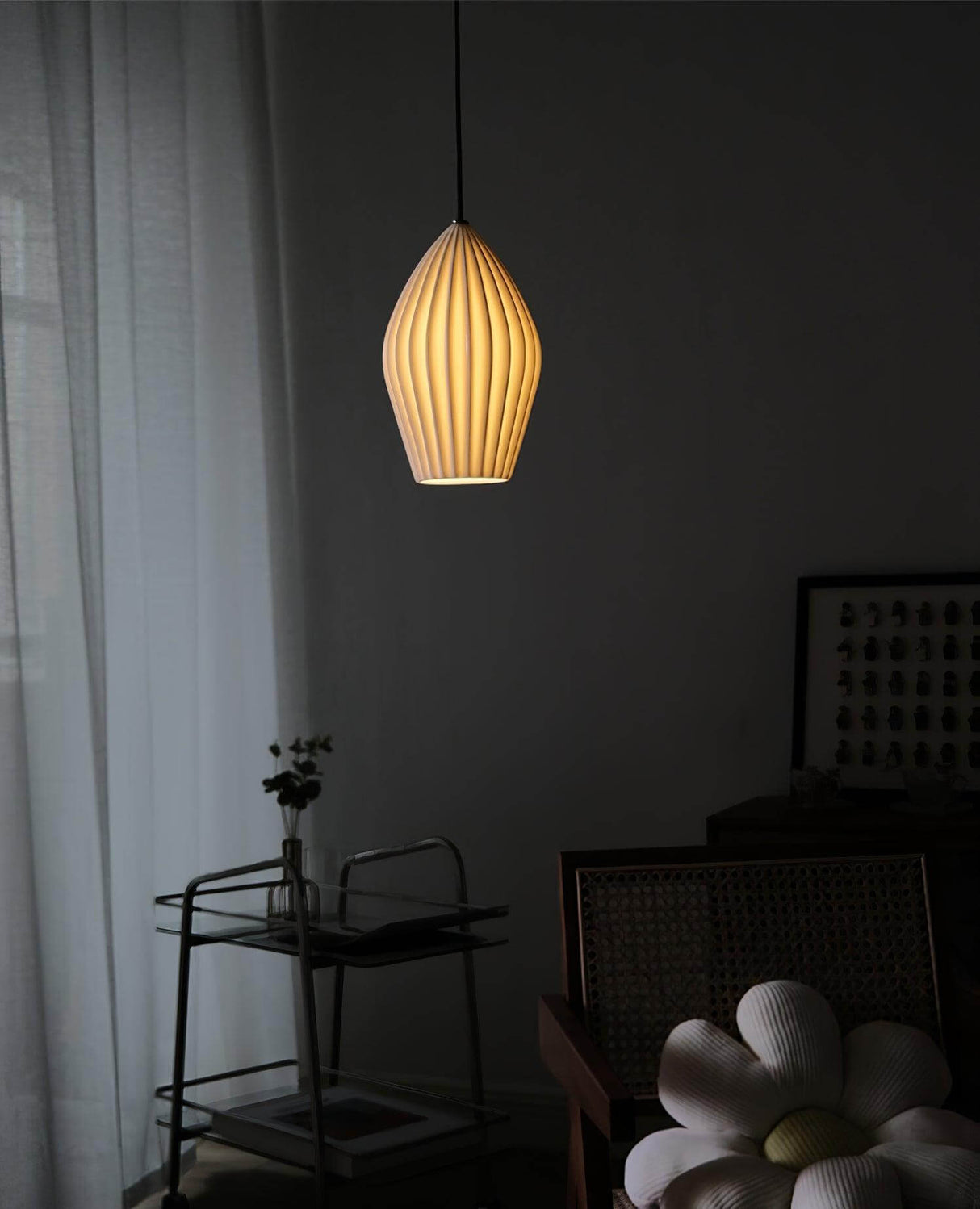 Ribbed white ceramic hanging pendant with an E26 bulb base, view 12