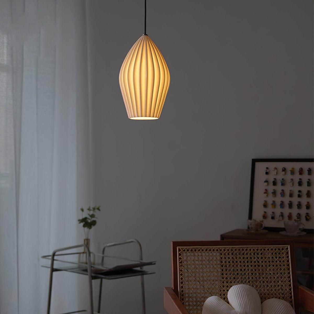 Ribbed white ceramic hanging pendant with an E26 bulb base, view 18