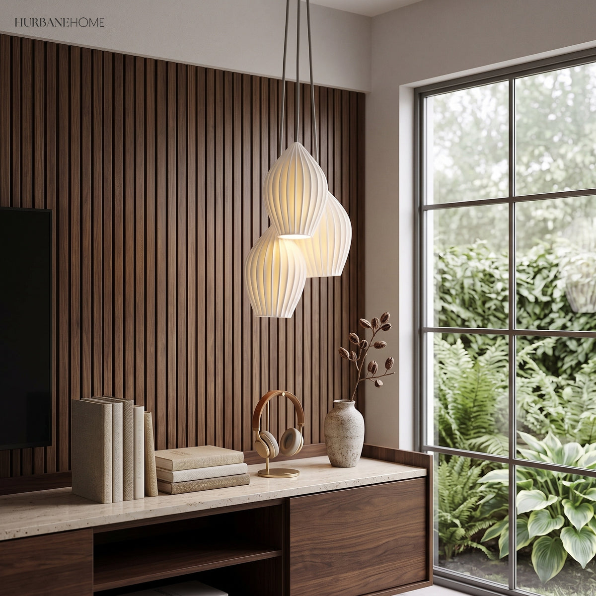 Two ribbed ceramic pendants against a dark timber slatted feature wall