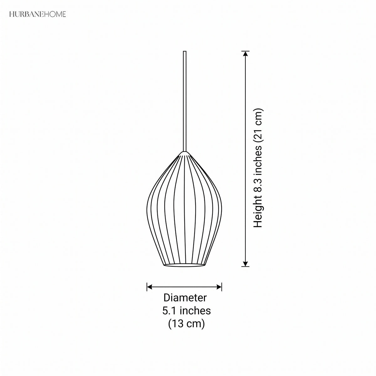Line drawing of teardrop pendant, 8.3 inch height by 5.1 inch diameter