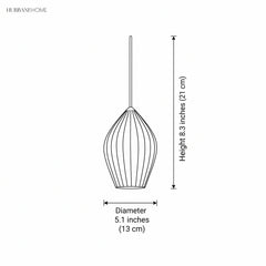 Line drawing of teardrop pendant, 8.3 inch height by 5.1 inch diameter