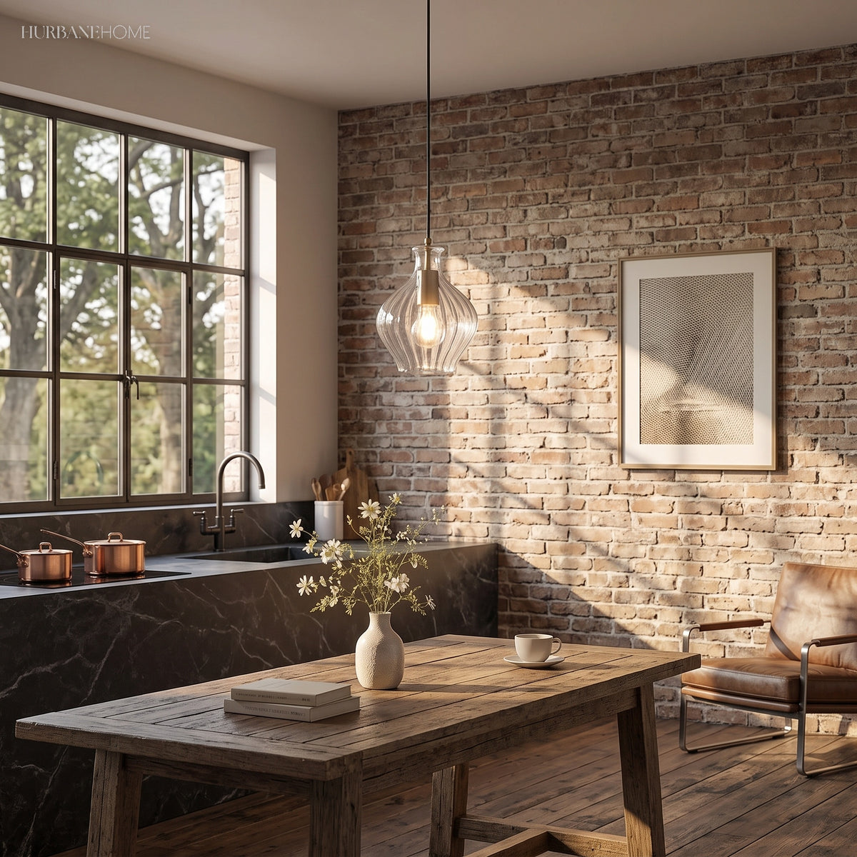 Fluted glass pendant lighting a rustic kitchen with exposed brick