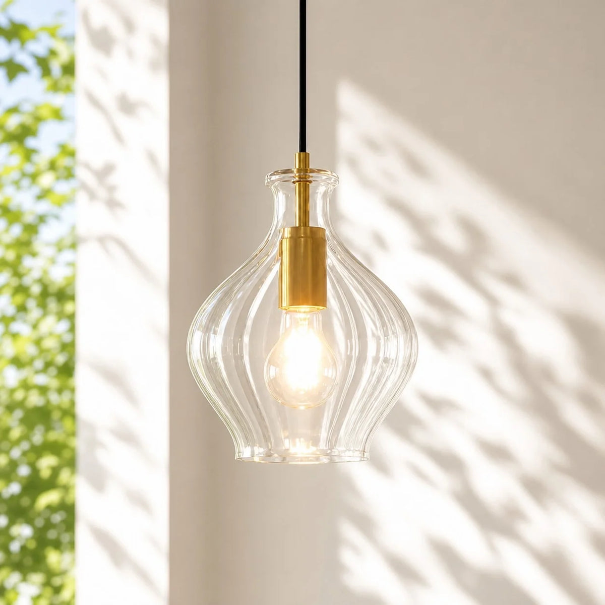 Fluted glass brass pendant light alternative angle view 1