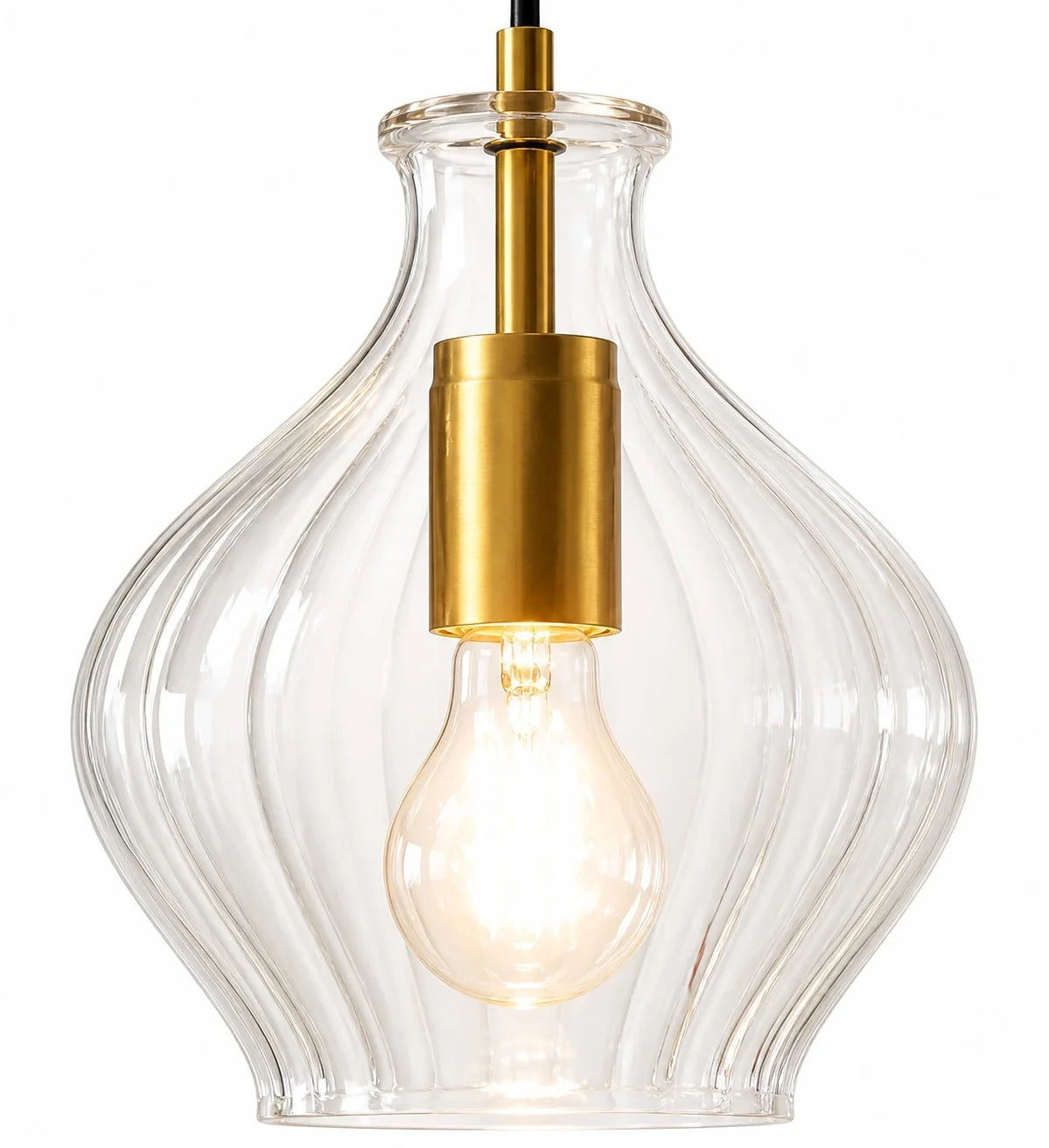Fluted glass brass pendant light close detail view 8