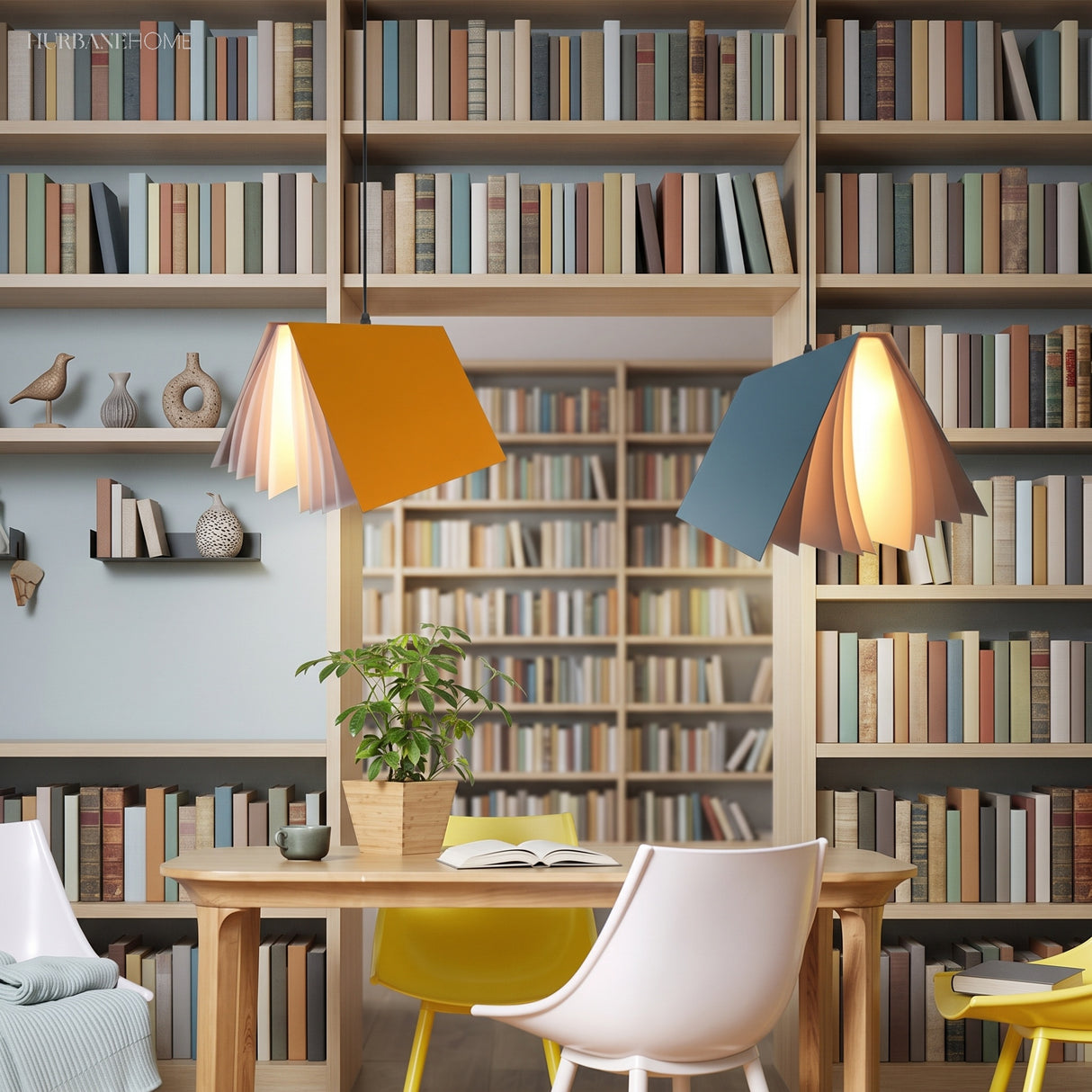 Book shaped pendant light hanging above a study desk