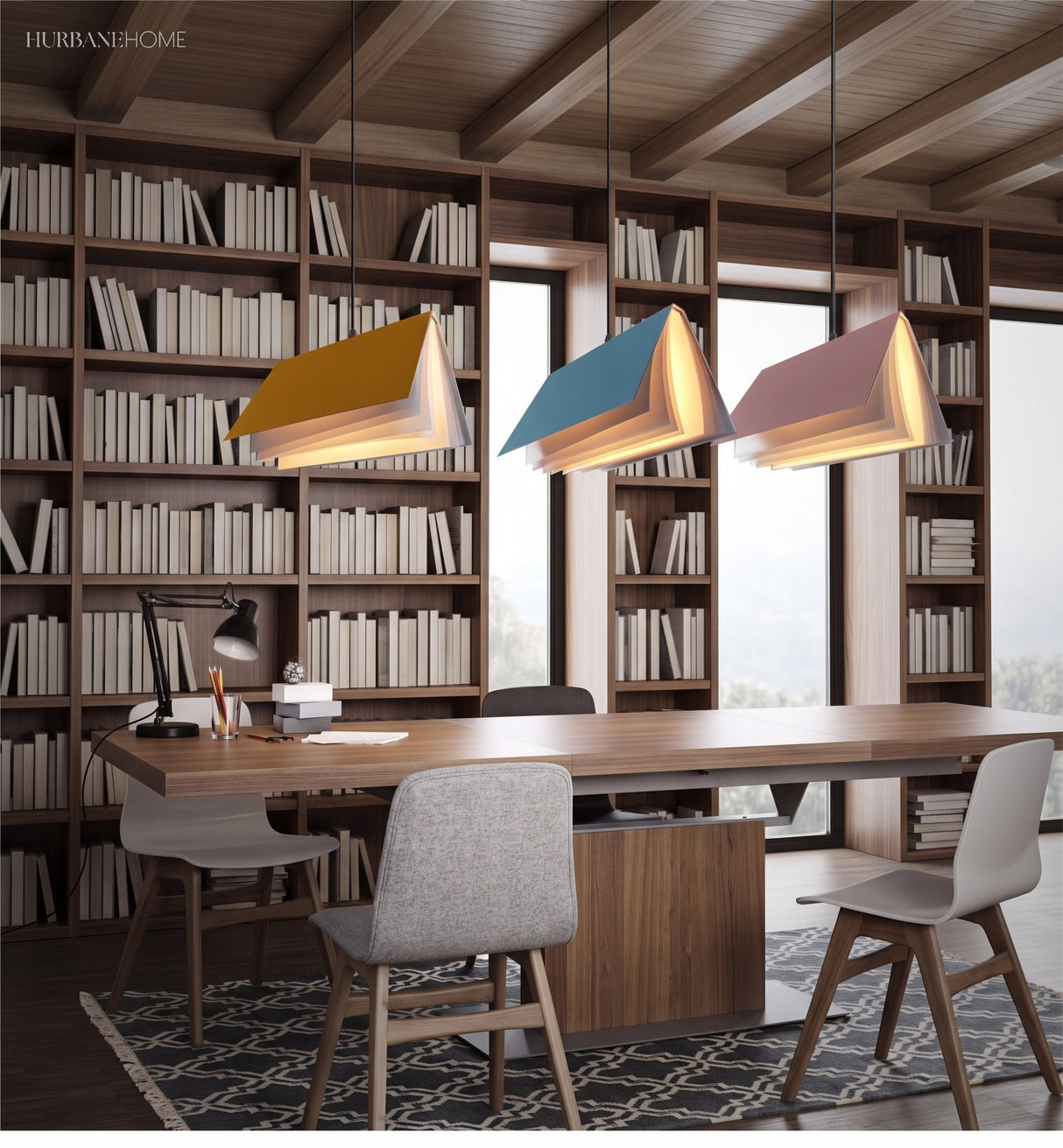 Book shaped pendant lights arranged in a home library setting
