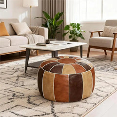 Foot Stool Ottoman - Brown Leather Round Pouf for Relaxing Home Decor - Round Pouf Ottoman - Hurbane Home