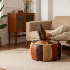 Foot Stool Ottoman - Brown Leather Round Pouf for Relaxing Home Decor - Round Pouf Ottoman - Hurbane Home