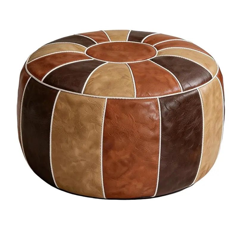 Foot Stool Ottoman - Brown Leather Round Pouf for Relaxing Home Decor - Round Pouf Ottoman - Hurbane Home
