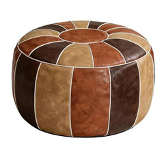 Foot Stool Ottoman - Brown Leather Round Pouf for Relaxing Home Decor - Round Pouf Ottoman - Hurbane Home