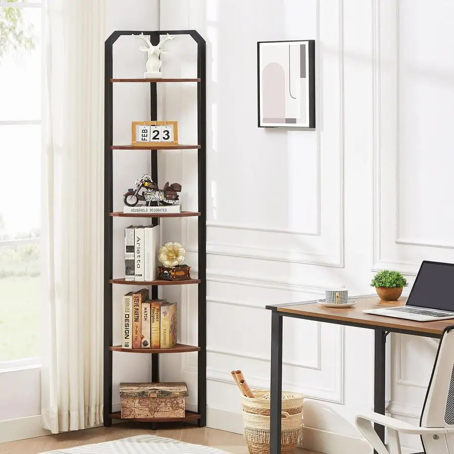 Freestanding metal shelving with buff wood finish