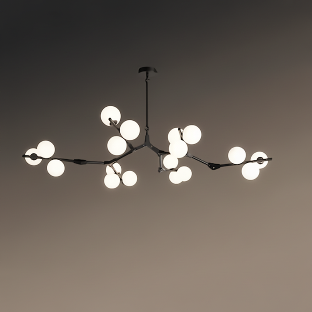 Black branch chandelier lit against a dark background showing its spread