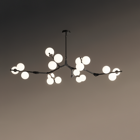 Black branch chandelier lit against a dark background showing its spread