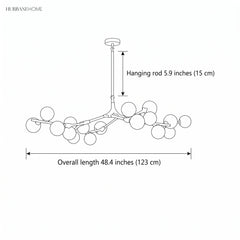 Dimension drawing of the chandelier, 48.4 inches long on a 5.9 inch rod