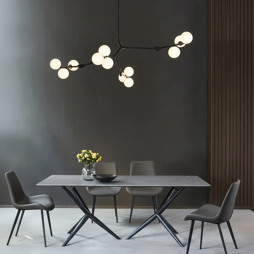 Black branch chandelier above a grey dining table and four chairs