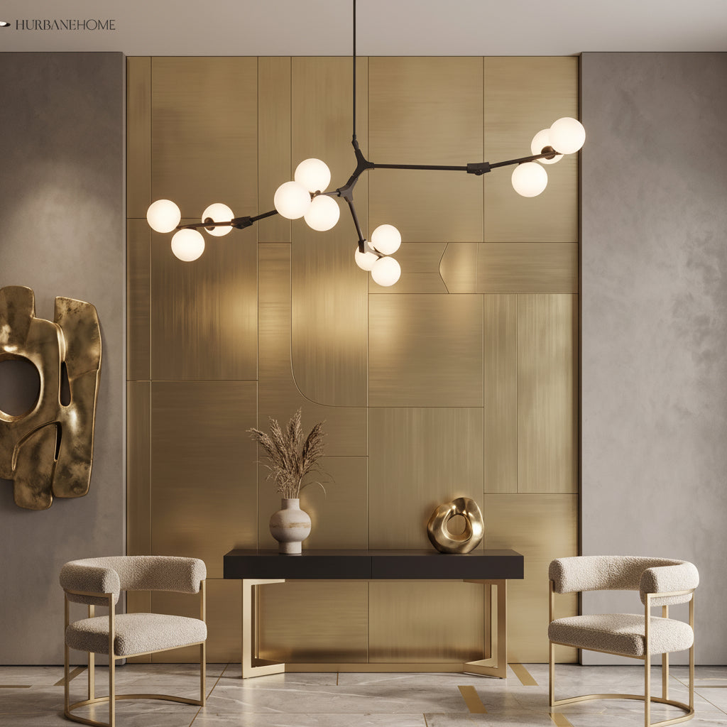 Black branch chandelier with frosted globes against a brass wall panel