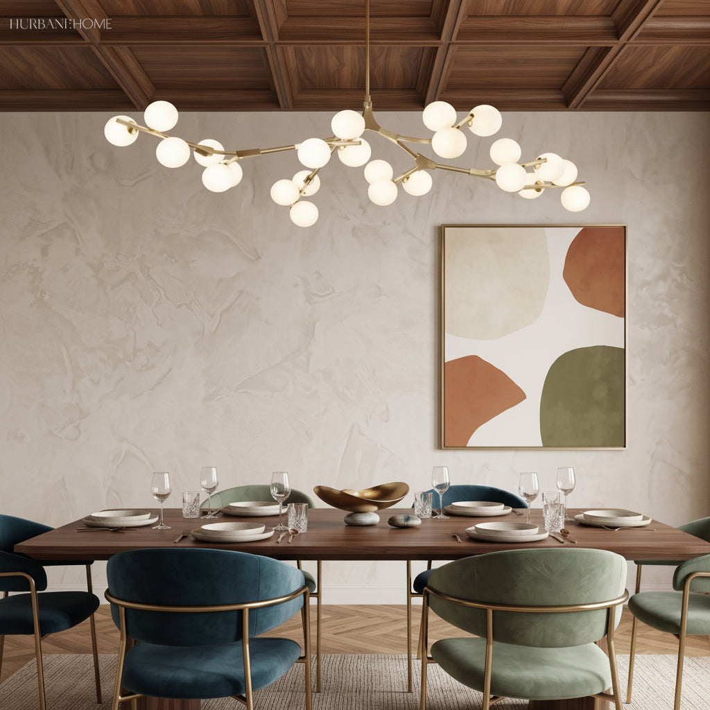 Gold branch chandelier beneath a coffered timber ceiling above a dining table