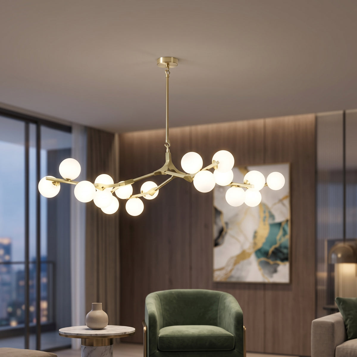 Gold branch chandelier with frosted globes above a living room window