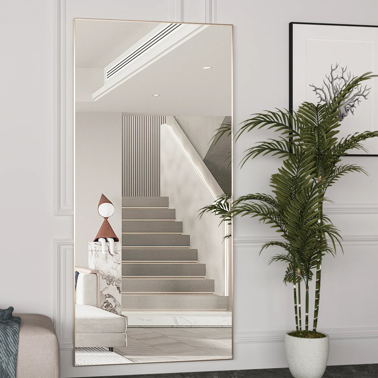Floor standing full length mirror placed in minimalist bedroom