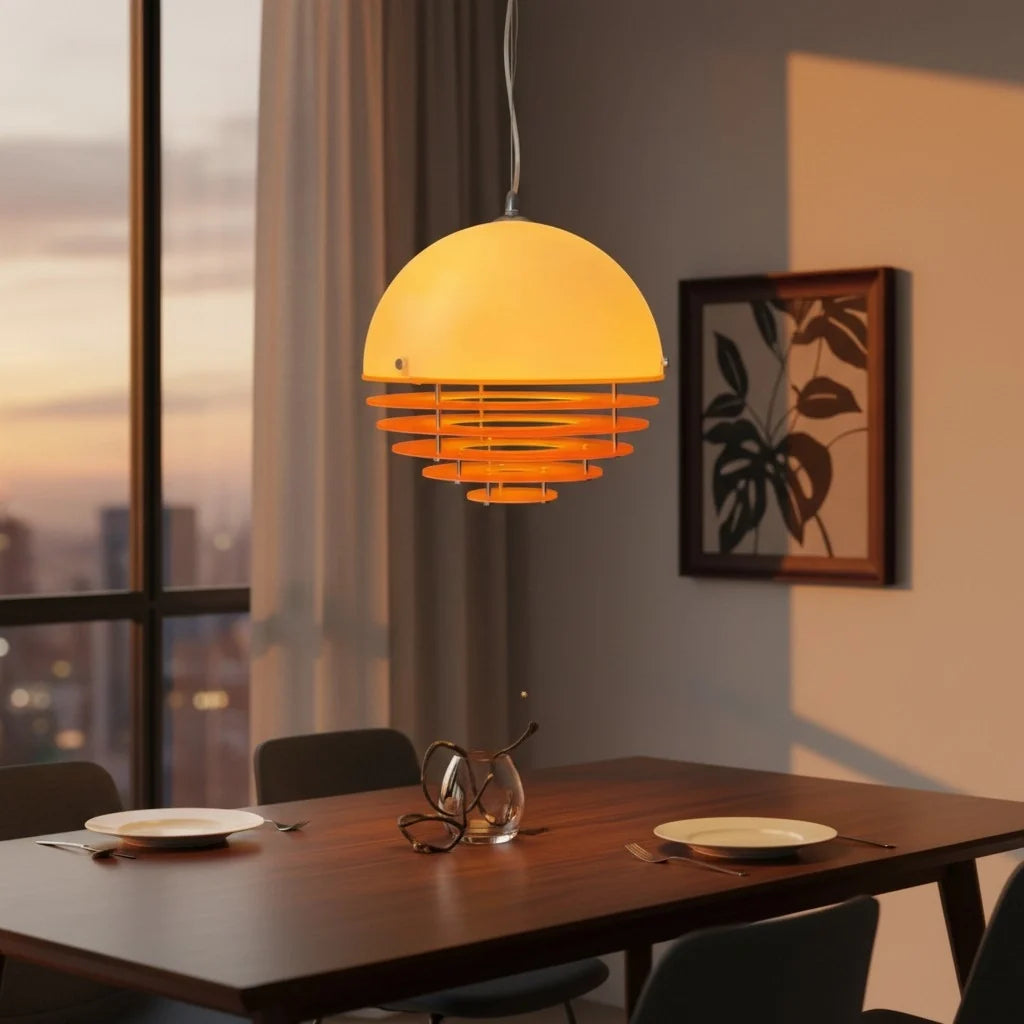 Orange dome pendant hanging from a slim cord against a light wall