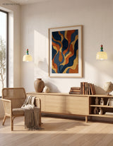 Pair of glass dome pendants in a warm living room with a low oak sideboard