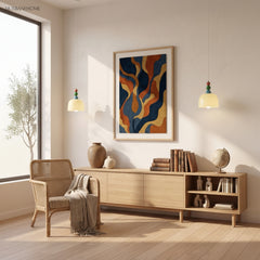 Pair of glass dome pendants in a warm living room with a low oak sideboard