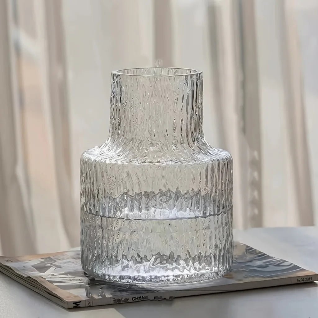 Glass Flower Vase – Nordic Vintage Wide Mouth Textured Table Centerpiece - Hurbane Home