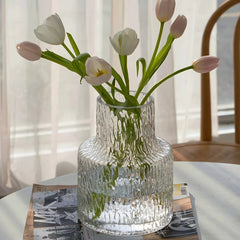 Glass Flower Vase – Nordic Vintage Wide Mouth Textured Table Centerpiece - Hurbane Home