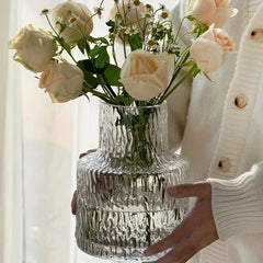 Glass Flower Vase – Nordic Vintage Wide Mouth Textured Table Centerpiece - Hurbane Home
