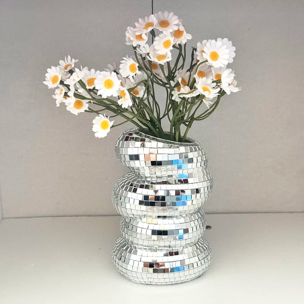 Glass Flower Vase – Silver Spiral Mosaic Mirror Tile Vase - Hurbane Home