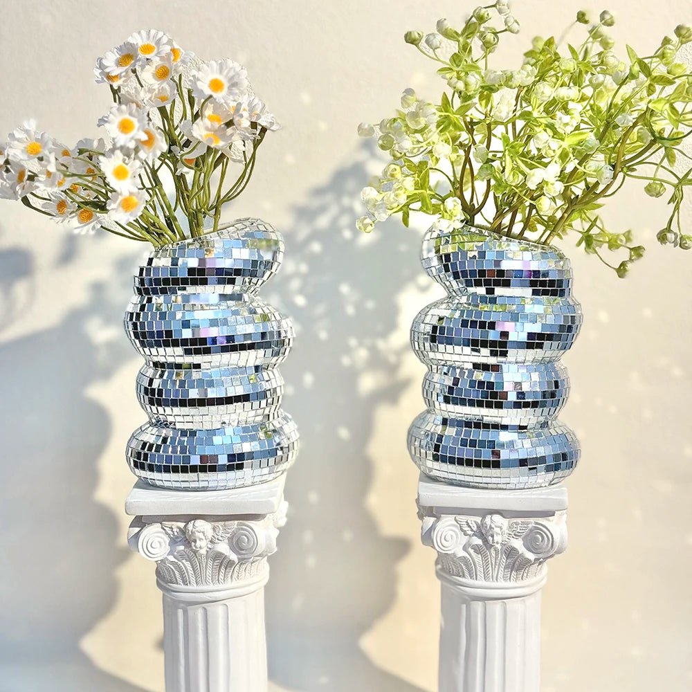 Glass Flower Vase – Silver Spiral Mosaic Mirror Tile Vase - Hurbane Home