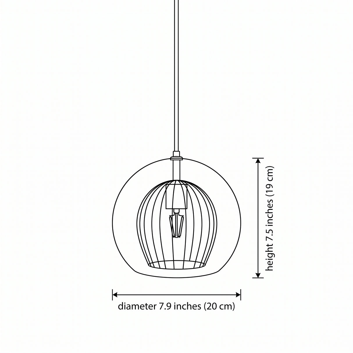 Line drawing of the three globe sizes with diameter and height measurements