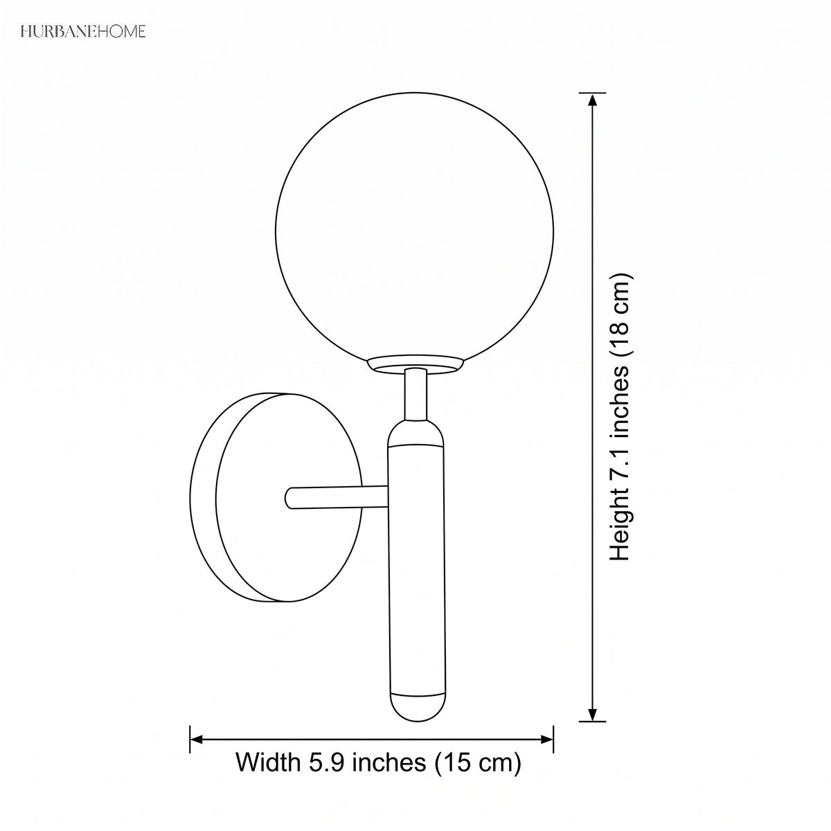 Line drawing of the sconce with 7.1 in height and 5.9 in width labels