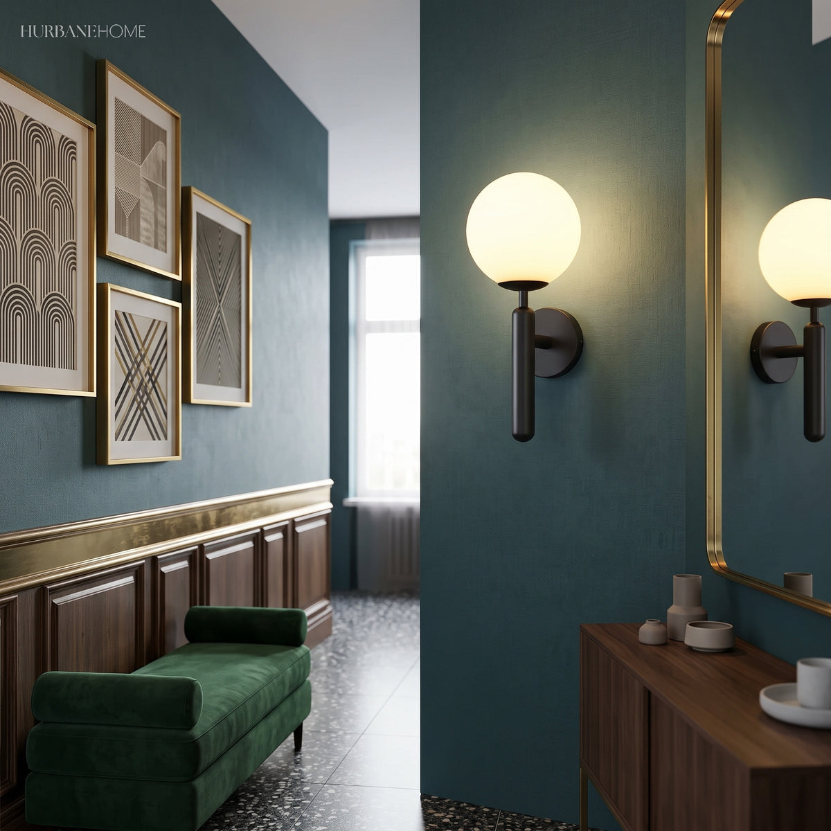 Black and gold globe sconces lit along a teal panelled hallway