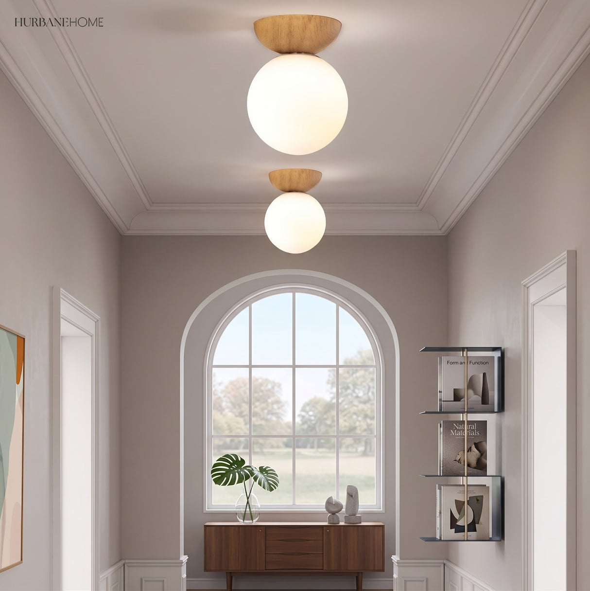 Glass globe semi-flush ceiling light in a styled interior