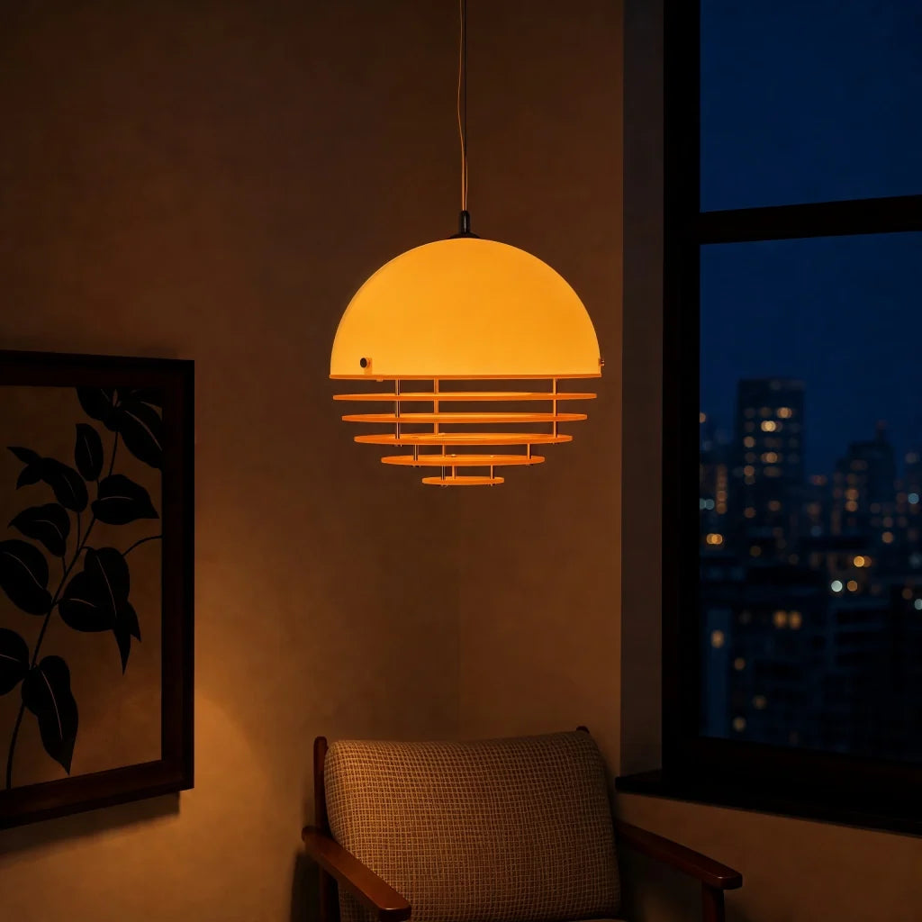 Lit orange dome pendant casting a warm ambient glow downward