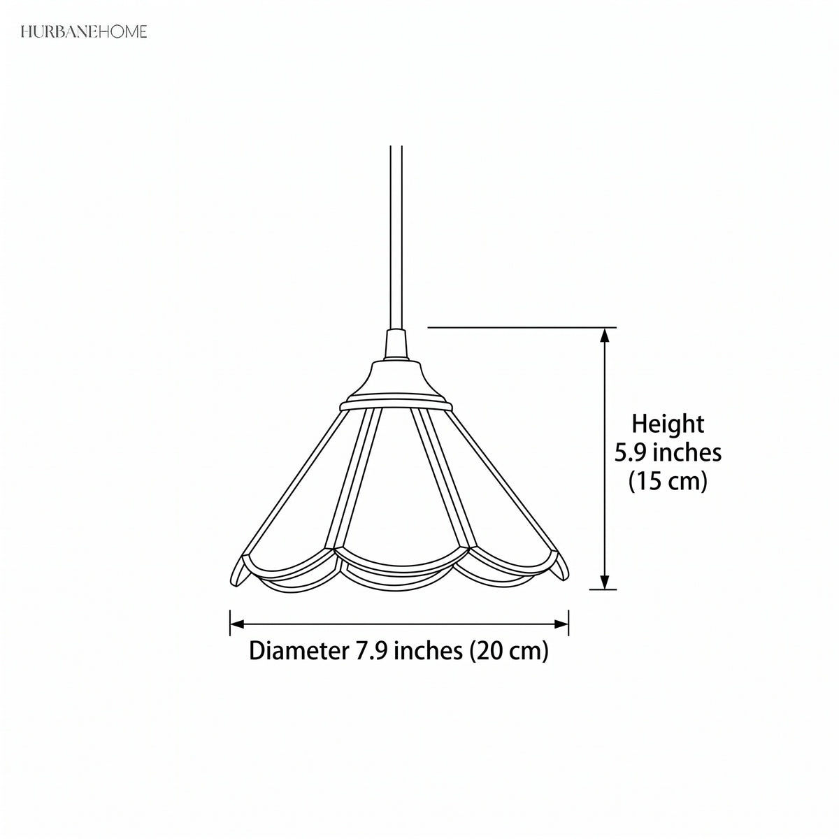 Line drawing of the pendant shade marked 7.9 inches wide and 5.9 inches deep