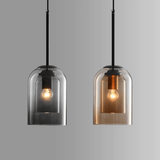 Grey and amber double glass pendants shown side by side