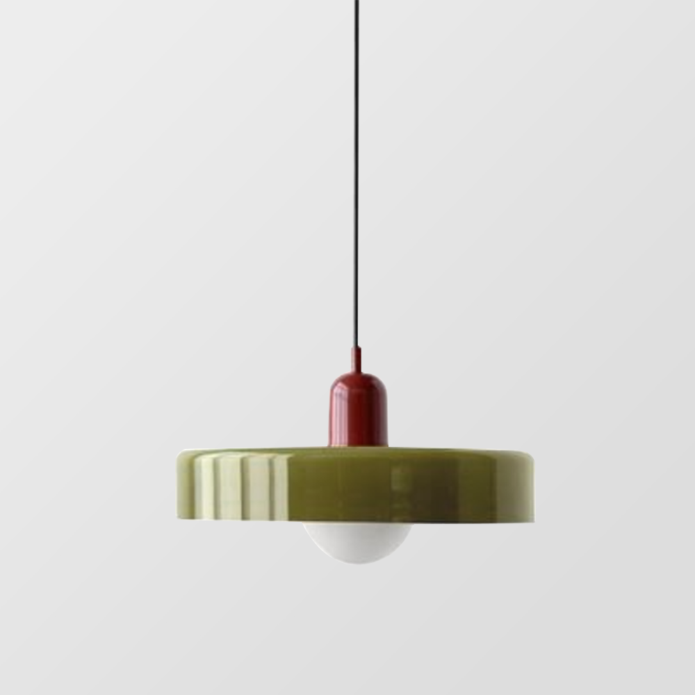 Olive disc pendant hanging on a long black cord with a round opal bulb