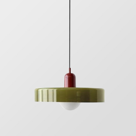 Olive disc pendant hanging on a long black cord with a round opal bulb