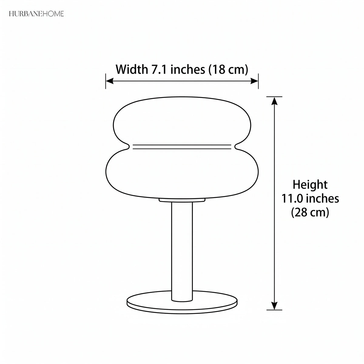 Line drawing showing 7.1 in width and 11.0 in height of the lamp