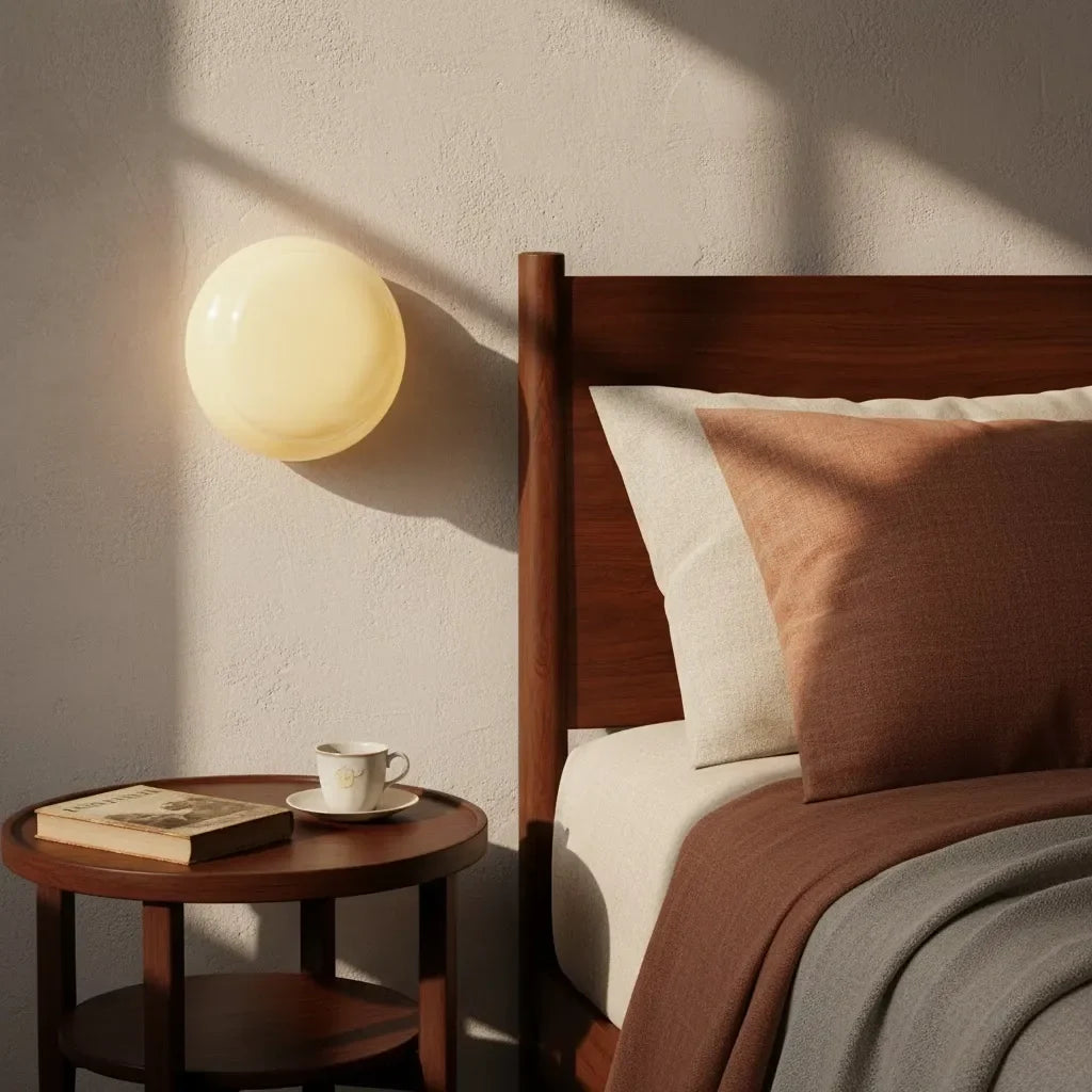 Warm glowing glass wall sconce above a walnut bed and side table