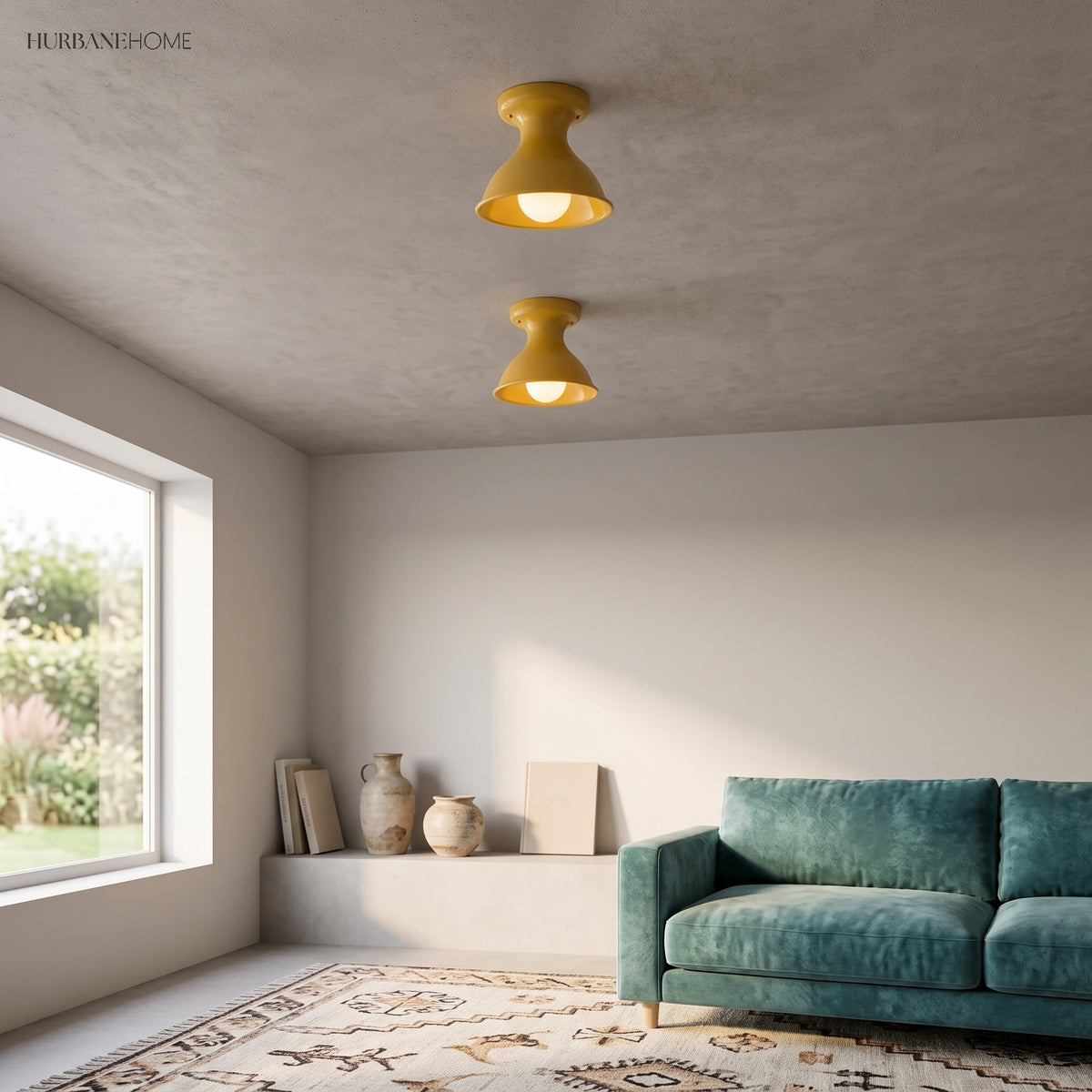 Pair of mustard ceramic flush mounts on a plain white sloped ceiling