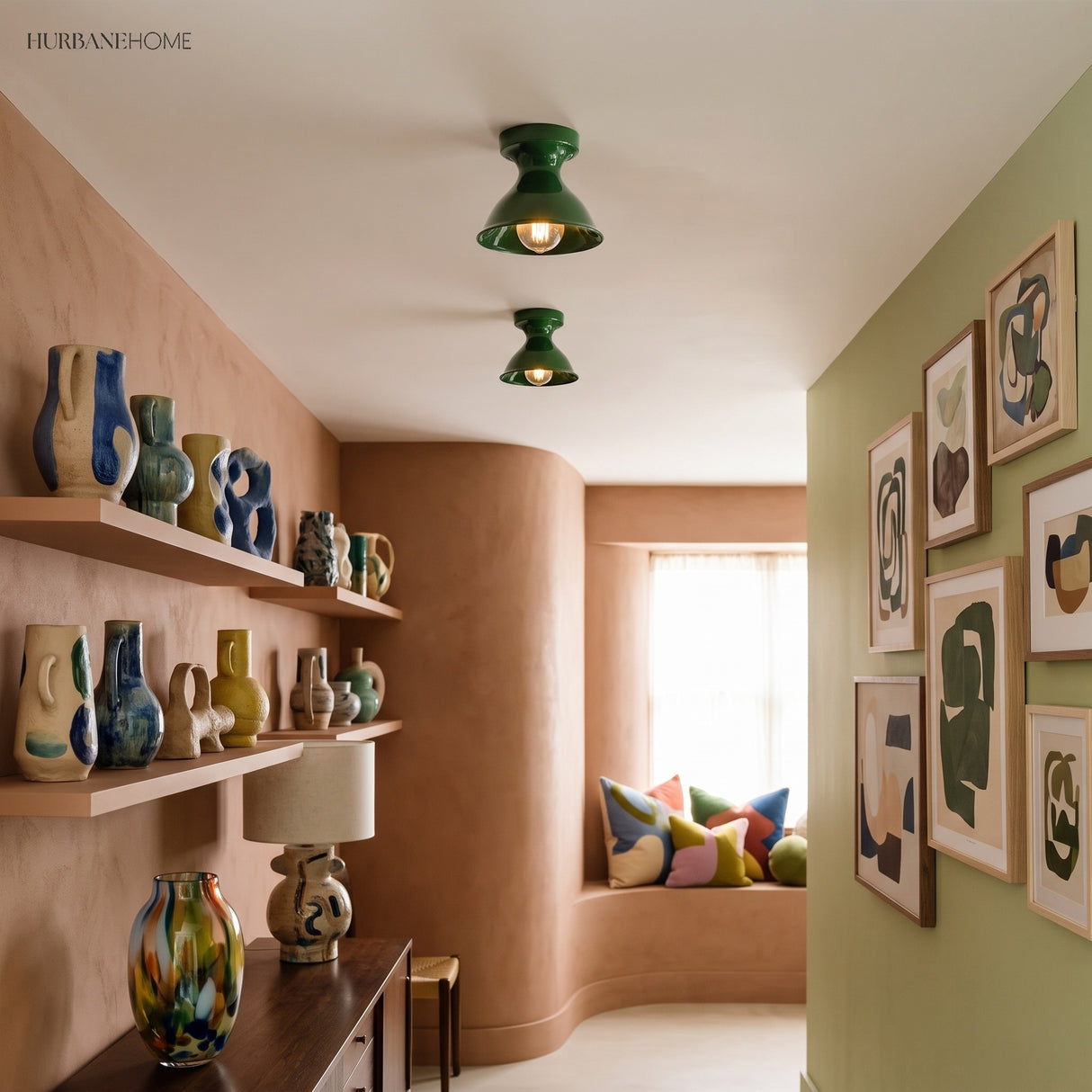 Green glazed ceramic ceiling lights above a corridor of pottery shelves