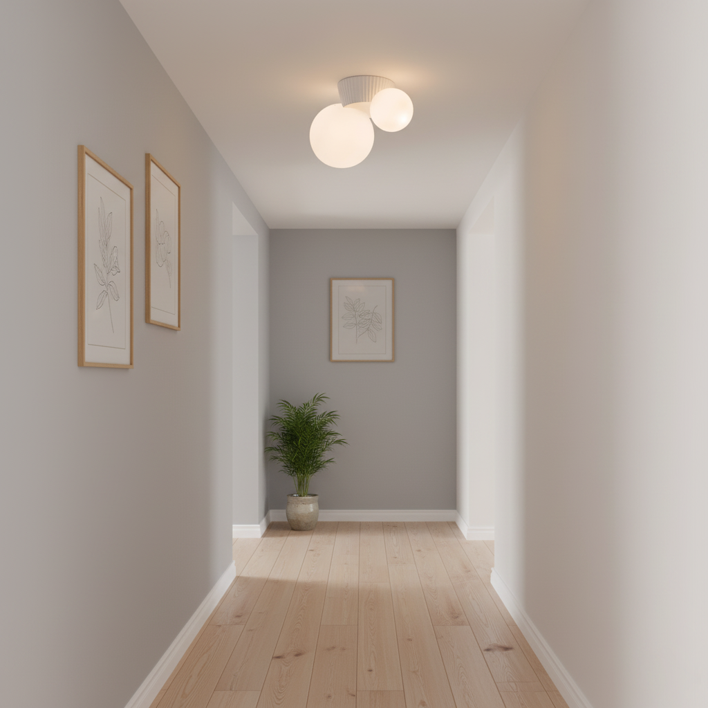 Twin globe ceiling light in a grey hallway hung with two framed line prints