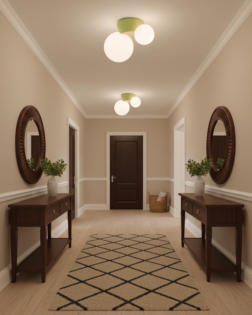 Twin globe ceiling lights above a hallway runner between two round mirrors