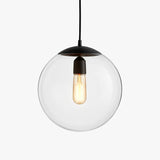 Single clear glass globe pendant with a black cap on white
