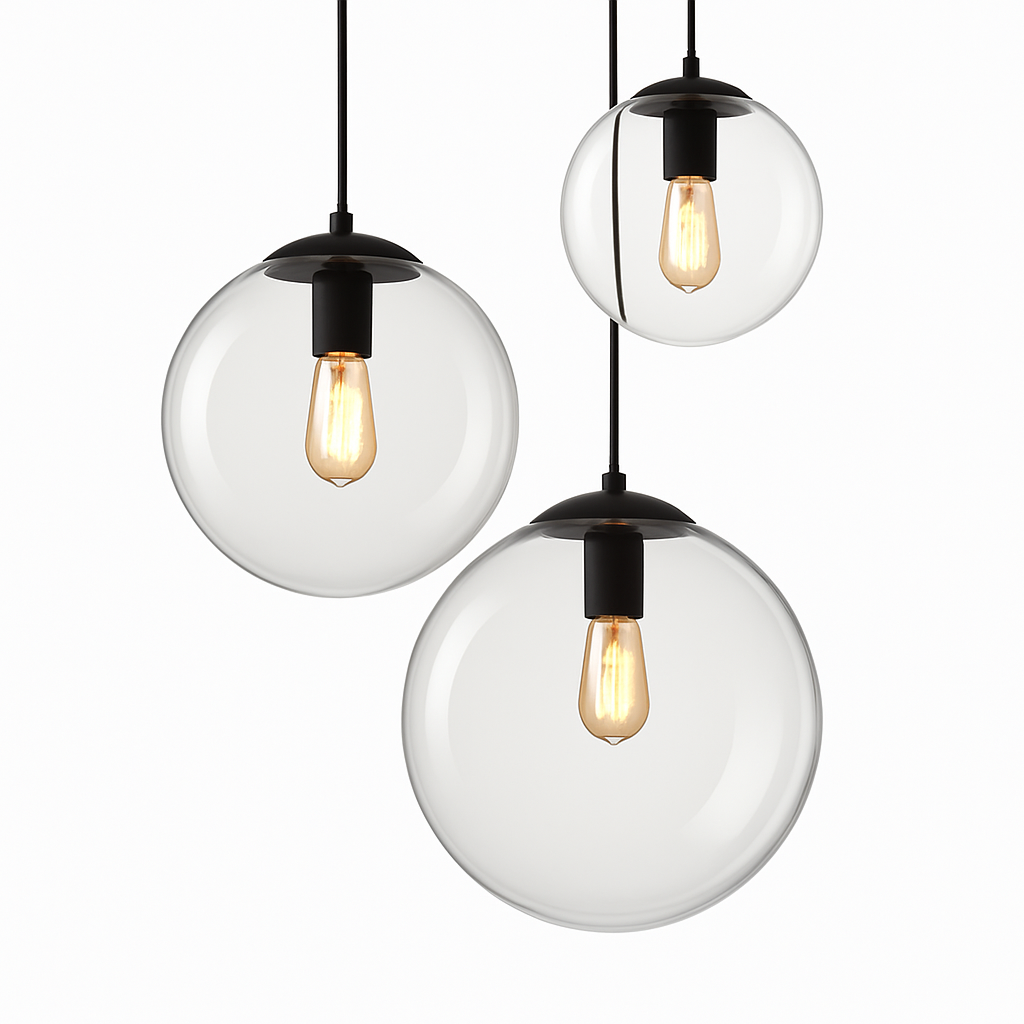 Three glass globe pendants at staggered heights on a white backdrop