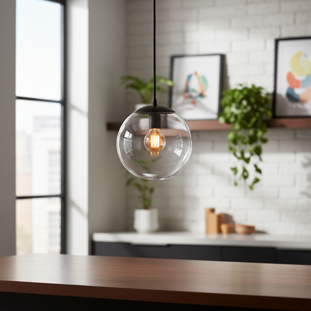 Three glass globe pendants lit beside a bright window and shelving