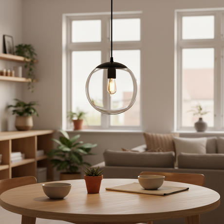 Globe Pendant Light Clear Glass Black Cap E27